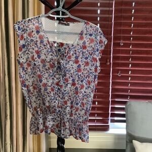 Floral V-Neck Blouse with Red and Blue Accents